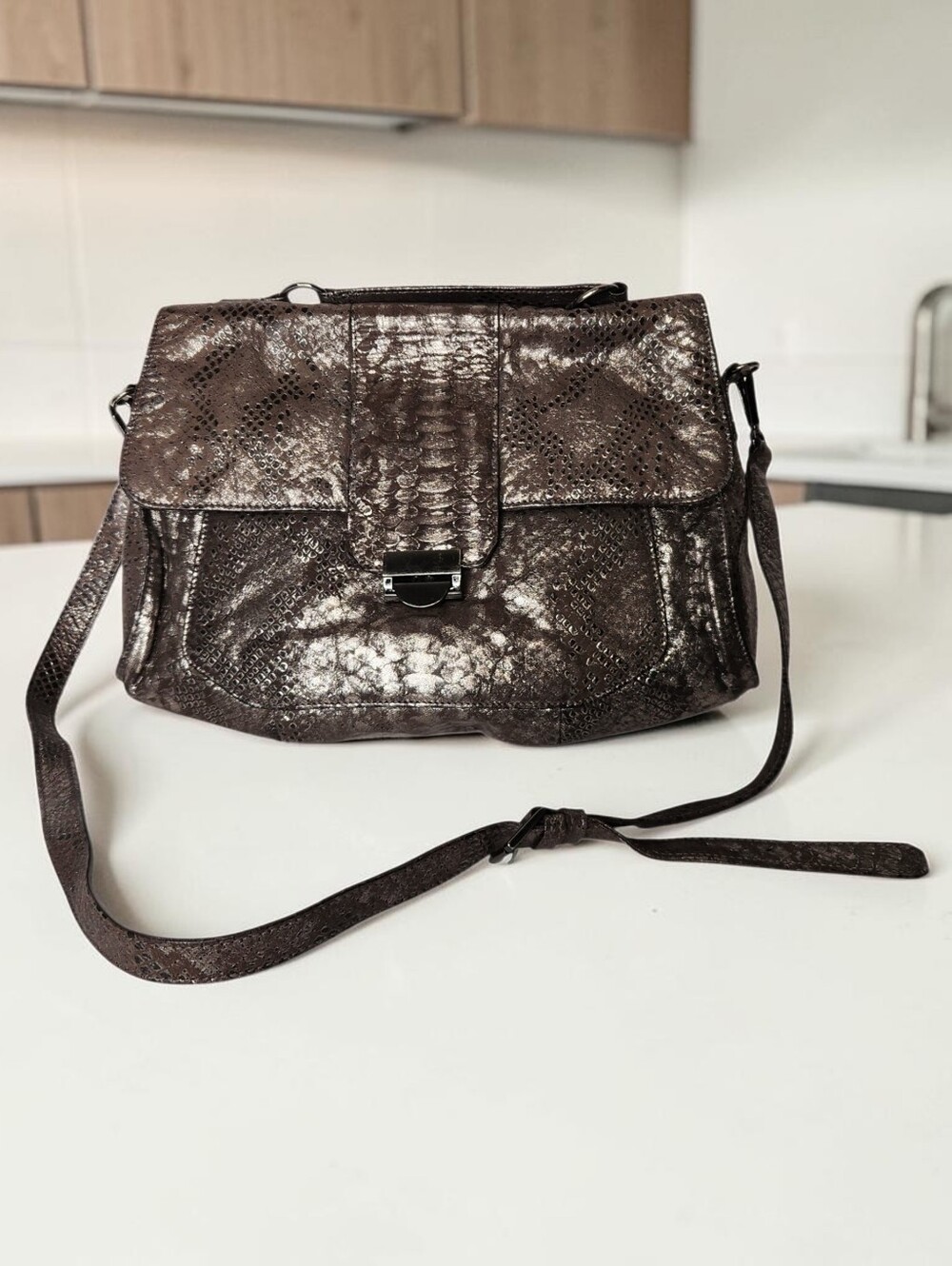 Lauren Merkin Brown Metallic Reptile Snake Print Leather Shoulder Bag